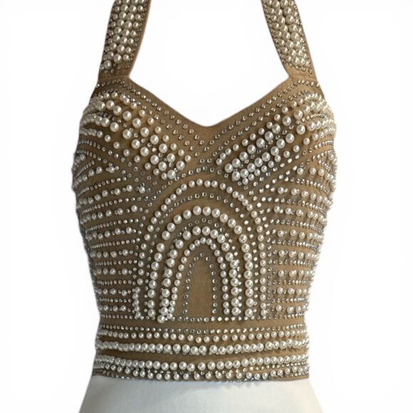 Fashion Nova Take My Hand Midi Dress XS Pearl Rhinestone Halter White - Picture 2 of 10